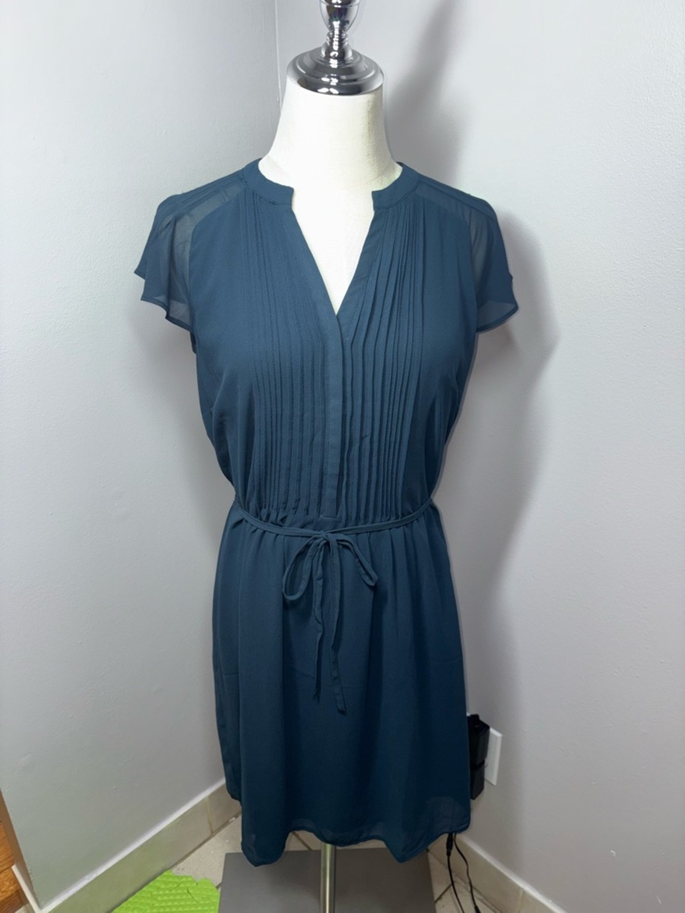 H&M Dark Teal Chiffon Dress Pin-Tuck Pleats Minimalist Dark Academia Size Small - Picture 2 of 16